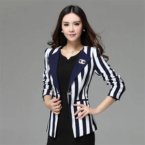 Fashion Womens Black And White Vertical Striped Blazer And Jackets Women Blaser Ladies Office