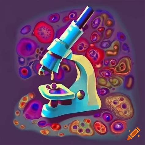 Colorful Illustration Of A Microscope And Medical Pathology Symbols On