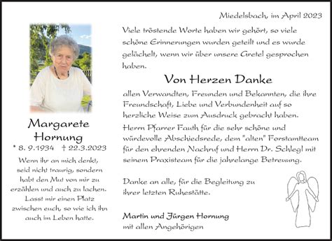 Traueranzeigen Von Margarete Hornung Zvw Trauer