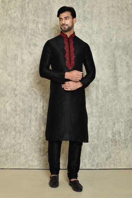 Buy Black Art Silk Dupion Embroidered Dori Placket Kurta Set For Men By