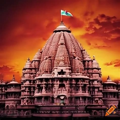 Beautiful Design Of Ram Mandir In Ayodhya With Hanuman Flag At The Top