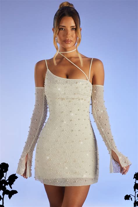 Soho Embellished Asymmetric Cowl Neck Corset Mini Dress In Ivory Oh Polly