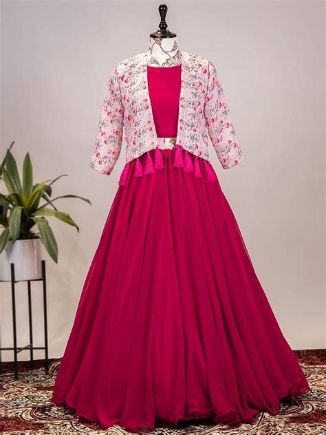 Buy Pink Plain Georgette Indo Western Lehenga Choli With Koti From