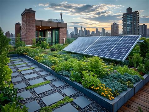 Premium Photo Urban Rooftop Garden With Integrated Solar Panels