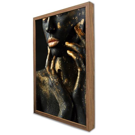 Quadro Decorativo Mulher Dourada Fashion Em Moldura Caixa