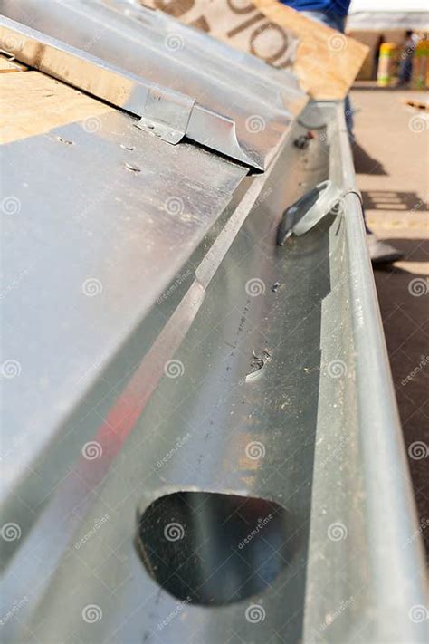 Roof Under Construction Close Up Of Zinc Rain Gutter Stock Image