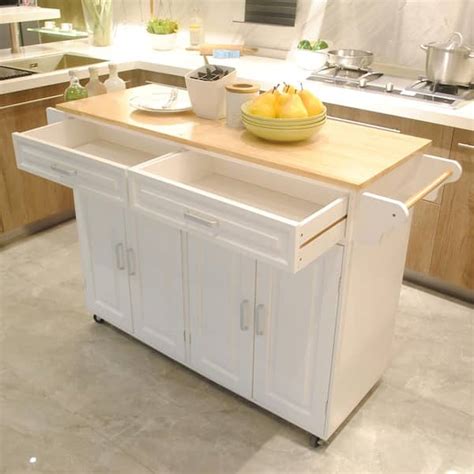 Reviews For Tileon White Rubber Wood 54 In Kitchen Island With