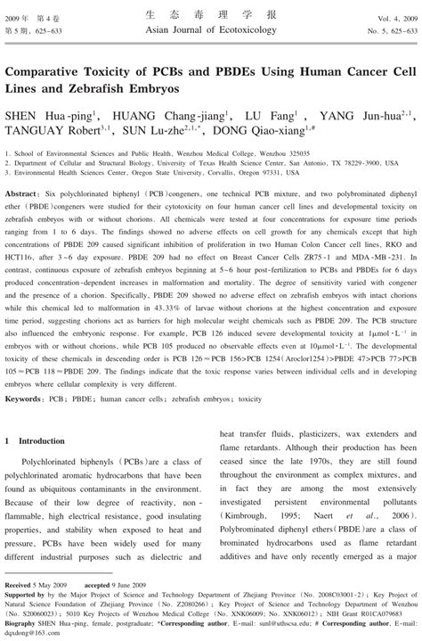 (PDF) Comparative toxicity of PCBs and PBDEs using human cancer cell lines and zebrafish embryos