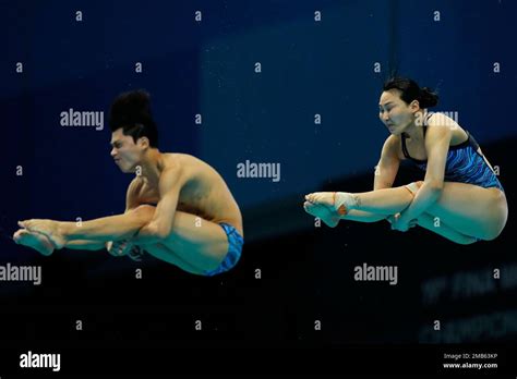 Yi Jaegyeong And Kim Suji Of Korea Compete During The Mixed Diving