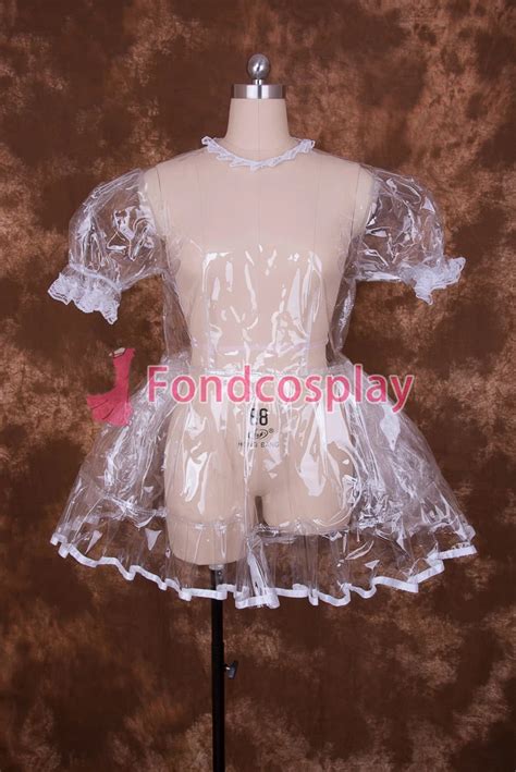 Sexy Lockable Clear Pvc Sissy Maid Short Dress Cosplay Costume Uniform