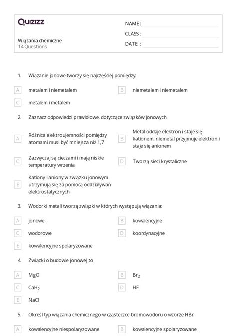 Ponad Pierwiastki I Zwi Zki Arkuszy W Quizizz Darmowe I Do Druku