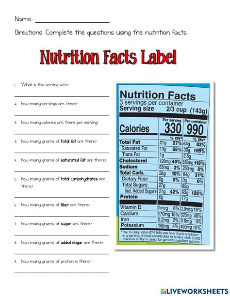 Nutrition Label Worksheet Answers For Children