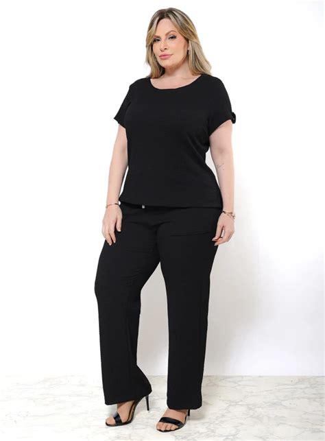 Conjunto Plus Size Cal A Reta Em Malha Crepe Texturizada Best Size E