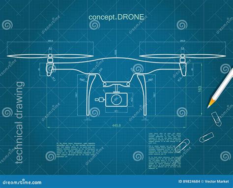 Technical Drawing Drone With Blue Paper Background Stock Vector