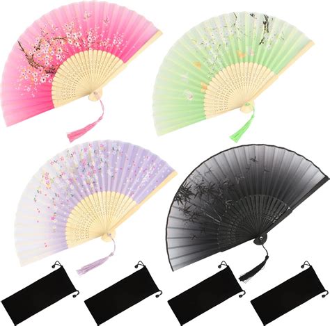 YUE QIN 6 Pcs Folding Fans Handheld Bamboo Silk Fabric Folding Cloth