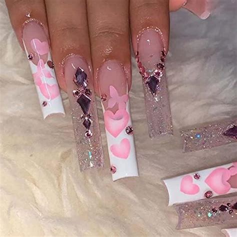 Hkanlre French Pink Press On Nails Coffin Long Heart Fake Nails Flower Full Cover