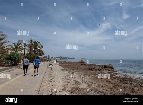 Ibiza Spain 2022 April 14 People At Figueretas Beach On Ibiza