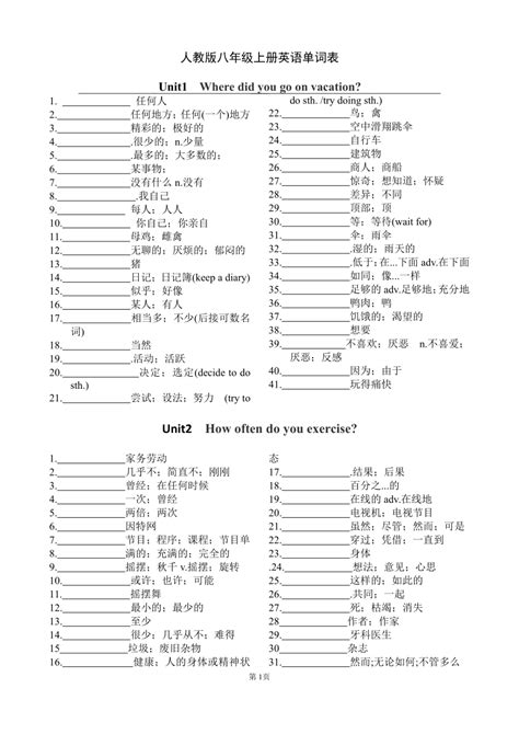 人教版八年级上册英语单词表默写版 21世纪教育网