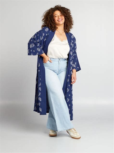 Veste Type Kimono Avec Broderie Bleu Marine Kiabi