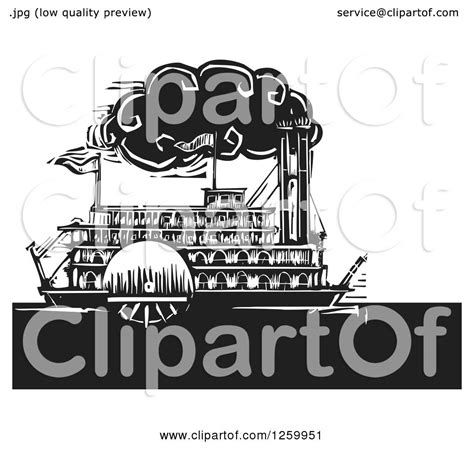 Clipart of a Black and White Woodcut Steamboat - Royalty Free Vector ...