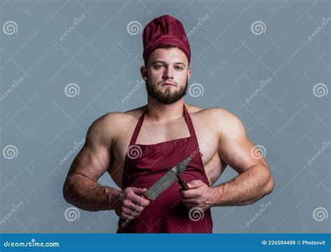 Muscular Man Butcher In Chef Apron Hold Knife Kitchen Utensil Cooking