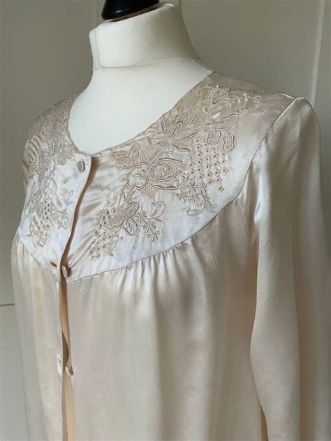 Vintage 1960s Silk Satin Housecoat Dress Gown Hand Embroidered Pale