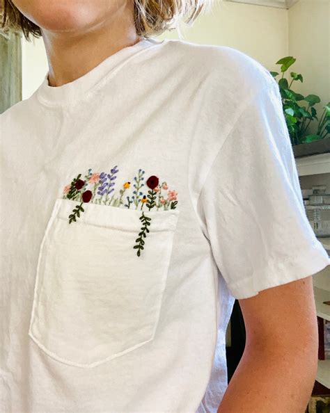 Hand Embroidered Floral White Pocket T Shirt Wildflower Etsy Uk