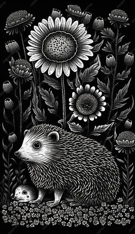 Premium AI Image | A black and white drawing of a hedgehog with flowers ...