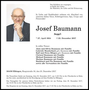 Traueranzeigen Von Josef Baumann Rz Trauer De