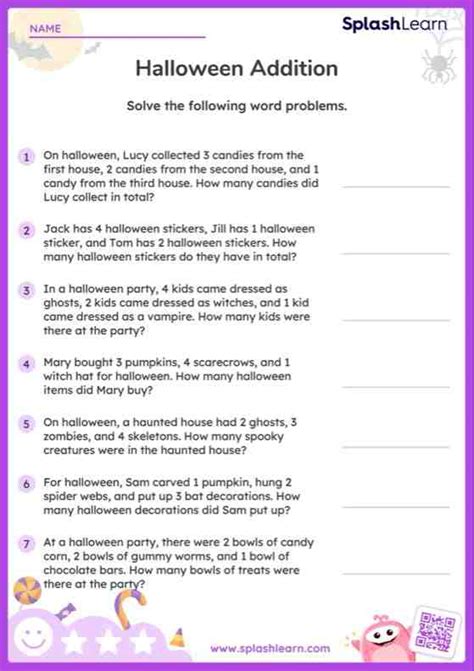 Add 3 Numbers Within 10 Halloween Word Problems — Printable Math Worksheet