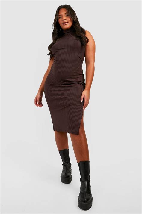 Plus Soft Knitted Rib Roll Neck Midi Dress Boohoo