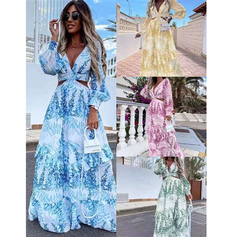 Robe Robe Longue Imprim E Pour Femmes Tunique De Plage Sexy Col En V