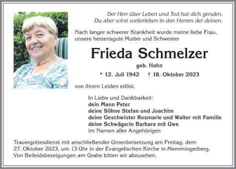 Traueranzeigen Von Frieda Schmelzer Allg Uer Zeitung