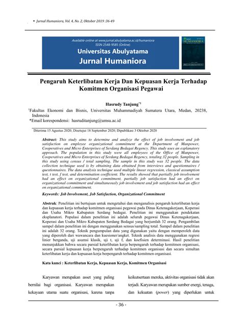 PDF Pengaruh Keterlibatan Kerja Dan Kepuasan Kerja Terhadap Komitmen