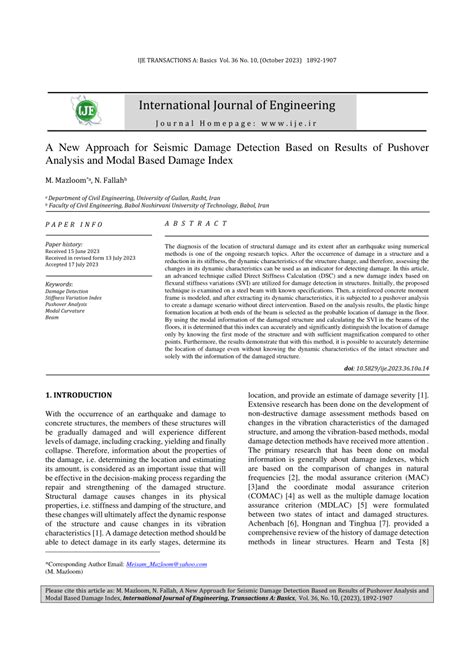 PDF A New Approach For Seismic Damage Detection Based On Results Of