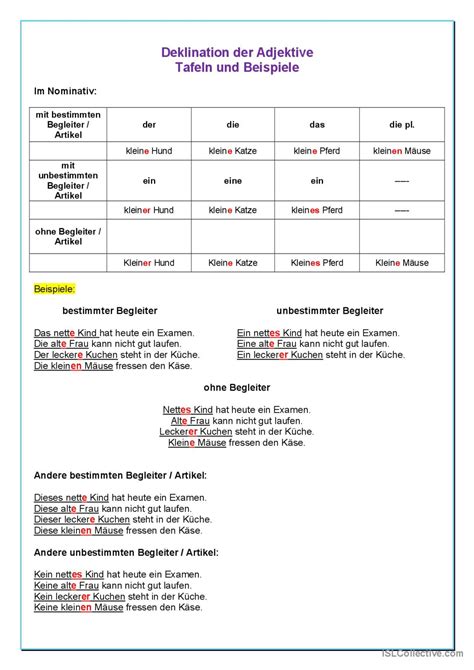 Deklination Der Adjektiv Deutsch Daf Arbeitsbl Tter Pdf Doc