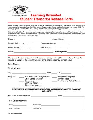 Fillable Online Learning Unlimited Student Transcript Release Form Fax