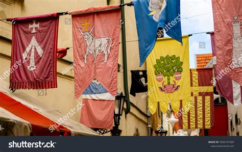 Medieval Flags Hanging Old Towns Alleyway Stock Photo 1830197309