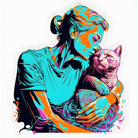 Premium AI Image | A colorful drawing of a woman hugging a cat.