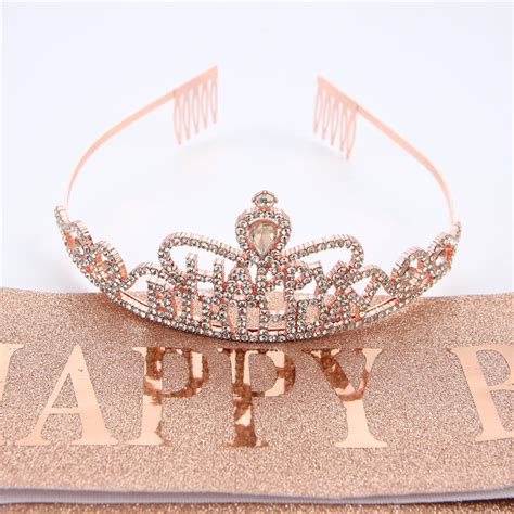 Rose Gold Letters Rhinestones Birthday Crowns Crystal Princess Tiara