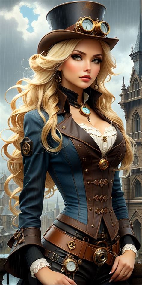 A Woman Dressed As A Steampunk With Long Blonde Hair And Wearing A Top Hat