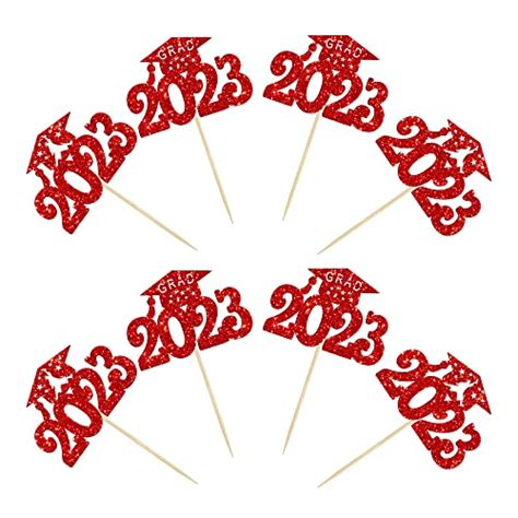 Gyufise 24Pcs Graduation Cupcake Toppers 2023 Red Glitter Class Of 2023