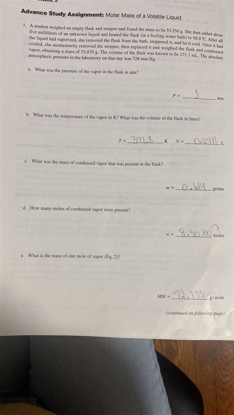 Solved Advance Study Assignment Molar Mass Of A Volatile Chegg