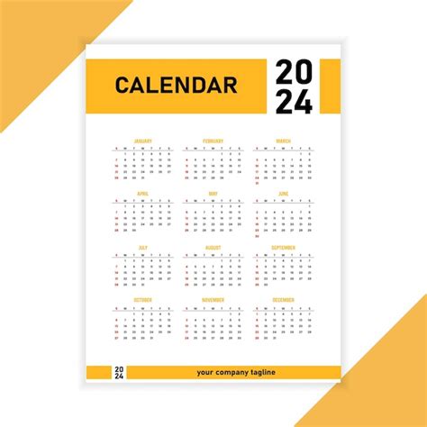 Calendário amarelo e preto de 2024 em design inglês moderno Vetor Premium