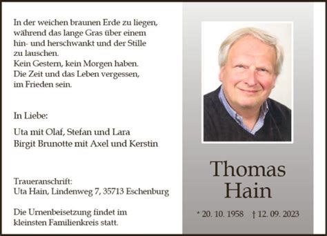 Traueranzeigen Von Thomas Hain Vrm Trauer De