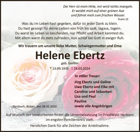 Traueranzeigen Von Helene Ebertz Vrm Trauer De