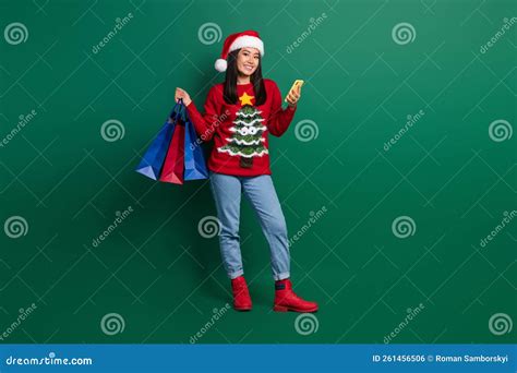 Full Length Photo Of Funny Pretty Girl Dressed Red X Mas Pullover Rising Bargains Typing Device