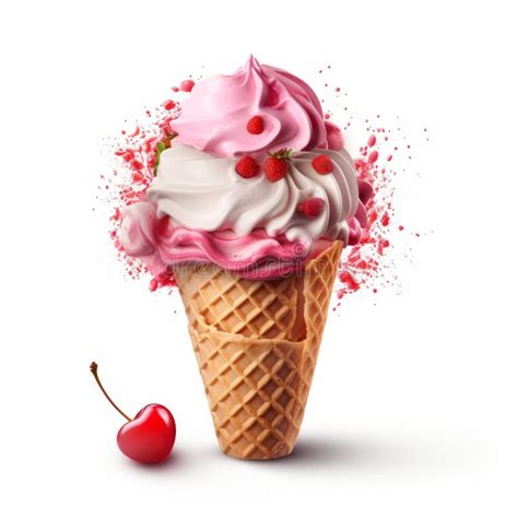 Realistic Cherry Ice Cream Cone with Cream and Cherries Stock ...