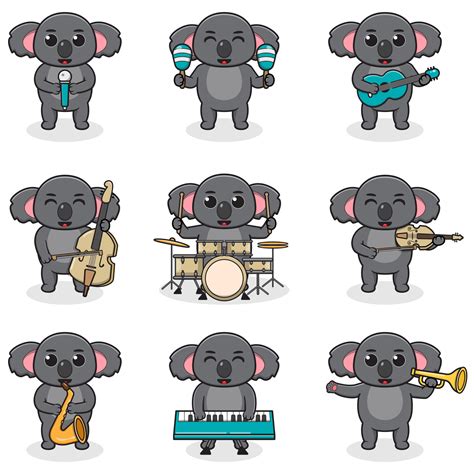 Vector Illustration of Cute Koala playing music instruments. Set of ...