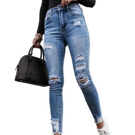 Jeans Longs Femmes Empilé Déchiré Troué Fr90dip Bleu Cdiscount